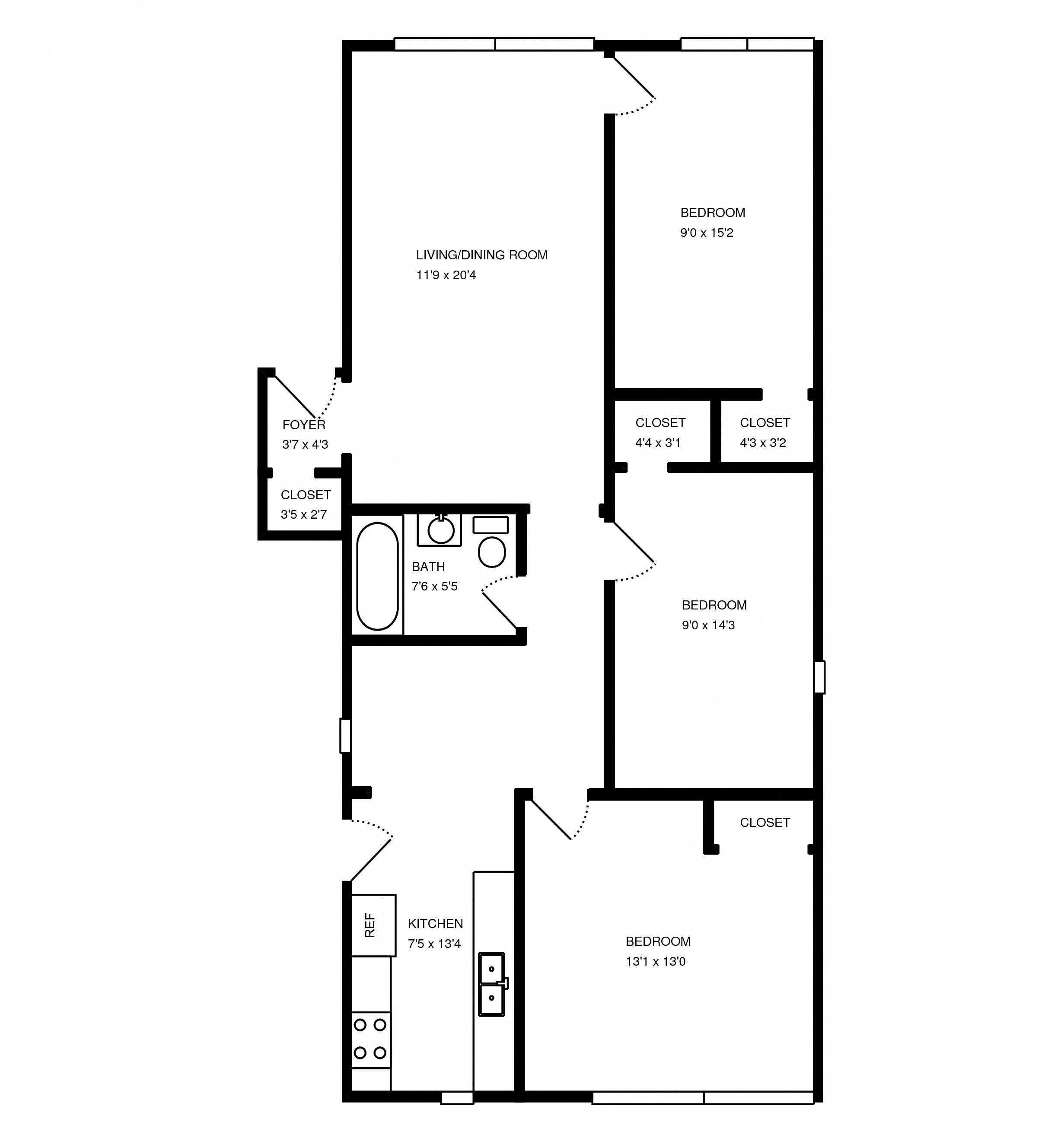 Floor plan for 3 beds, 1 bath, 953 sqft